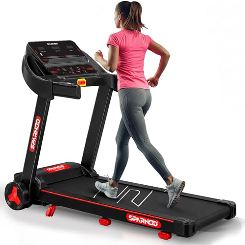 Image of Sparnod Fitness STH-1140 Treadmill for Home Use, 4 HP Peak Motor, 1-14 km /h Speed, Foldable with Bluetooth Speaker & Multi-LED Display, Manual Incline, 12 Preset Programs, Max User Weight 90 kg