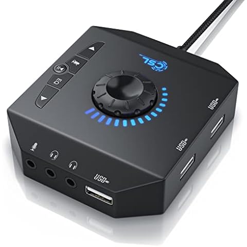 CSL - USB Soundkarte extern - Soundkarte mit Lautstärkeregelung USB Hub - Anschluss für Headset Kopfhörer Mikrofon - Equalizer - Steuerung eines Audioplayers - schwarz Cover