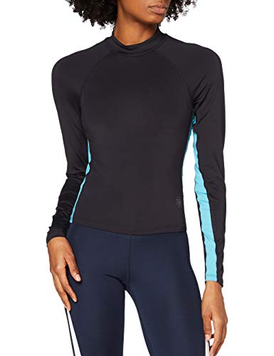Amazon Brand - AURIQUE Top deportivo de rayas laterales de manga larga para mujer, Azul (Deep Well/Maui Blue)., 40, Label:M