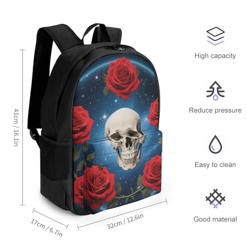 Supdreamc Polyester Daypack Backpack for Climbing Outdoors Running - Big Capacity Multipurpose Anti-Theft Bookbag, Skull And Red Rose Art Travel Hiking & Camping Rucksack2