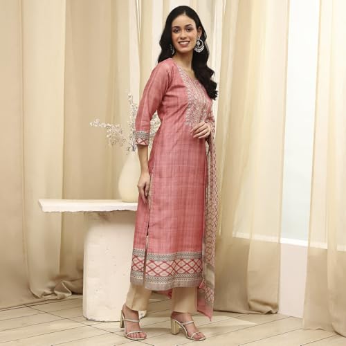 Image of BIBA Women Beige Cotton Machine Embroidered Unstitched Suit Set