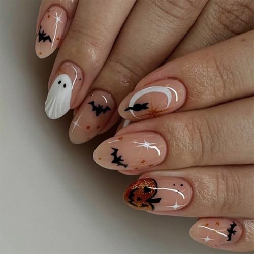 24PCS Halloween Almond Press on Nails Short Fake Nail with Bat Ghost Designs Halloween Nails Press on False Nails with Glue Glossy Glitter Pumpkin Black Cat Pattern Artificial Glue on Nails for Women