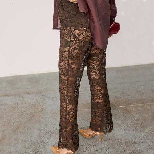 Women Y2k Lace Pants See Through Floral Lace Flared Bell Pant Mesh Lace Sheer Trousers2