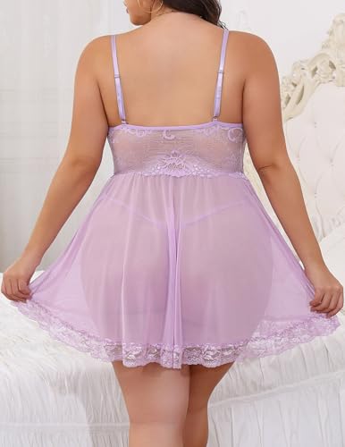 Image of Alrovetoney Women Plus Size Babydoll Lingerie Lace Chemise Mesh Sleepwear Strappy Sexy Nightgown Boudoir Outfit L-4XL