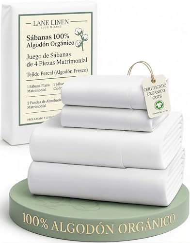 Consejos para Comprar Sábanas y fundas de almohada para comprar hoy. 46 LANE LINEN Sábanas tamaño matrimonial 100% algodón orgánico, sábanas y Fundas de Almohada de percal - Juego de sábanas Blancas tamaño matrimonial para colchones de 38 cm de...