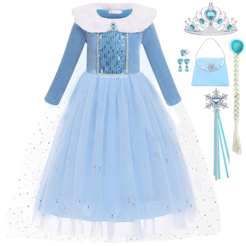 Snyemio Niñas Disfraz de Elsa Vestido Nieve Reina Vestidos de Carnaval Fiesta Halloween Cosplay Navidad Costume Azul