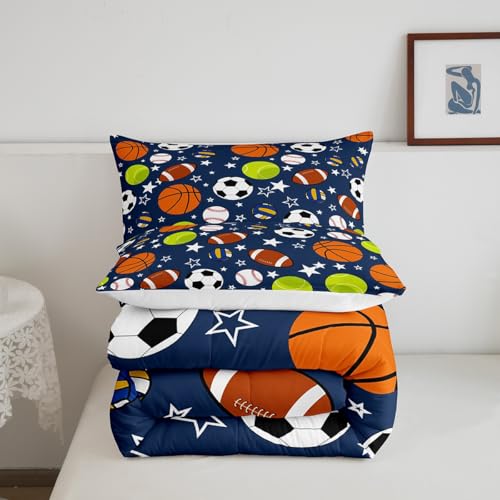 Image of Feelyou Sports Theme Bedding Set Twin Size Basketball Football Baseball Tennis Comforter Set for Kids Boys Girls Teens Toddler Sports Game Duvet Set Navy Blue Quilt Set 2Pcs, Queen
