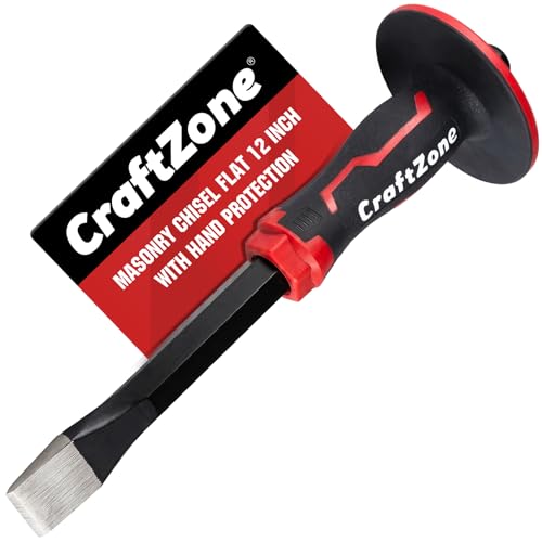Image of Masonry Chisel, Heavy Duty Flat End Rock Concrete Mortar Stone Brick Chisel with Protective Hand Guard for Breaking Carving Splitting Cutting Mason Tools (12-Inch)