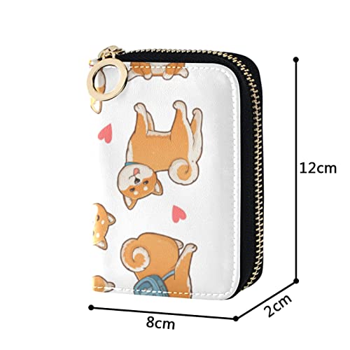 Funny Orange Shiba Inu Dogs in Different Poses on White Grey Credit Card Coin wallet, RFID Blocking Compact Women Leather Card Holder, Key Change Organizer, Zipper Purse Clutch Pouch4