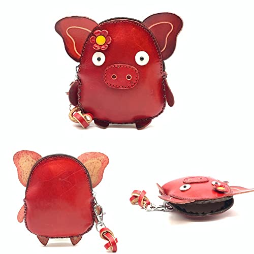 Vintage Genuine Leather 3D Animal Pig Coin Purse with keyring & Removable wrist strap (Red)4