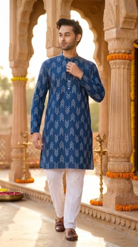 Image of Studio Shringaar Men's Cotton Blend Relaxed Fit Ikat Printed Knee Length Kurta