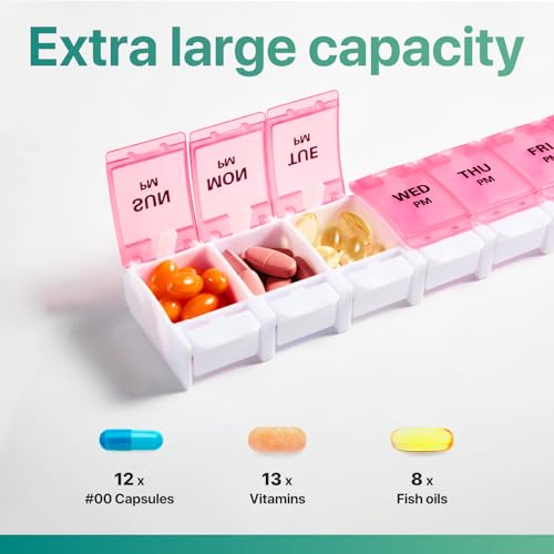 Image of Sukuos Weekly Pill Organizer 7 Day 2 Times A Day, AM PM Medicine Pill Box with Easy Push Button, BPA Free Vitamin Cases for Fish Oil /Supplements, Easy to Clean (Red&Blue)