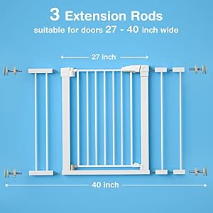 OTTOLIVES Metal Baby Gate Pet Gate 27-40 Inch Extra Wide Pressure Mounted Dog Gate for Stairs & Doorways Baby Gate with Door Walk Through Easy Step NO Need Tools NO Drilling (White, 27-40" Wide)