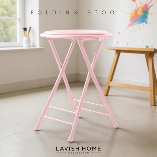 Image of Lavish Home Folding Stool with Padded Backless Seat, Pink, 24 Inch | Counter Height Bar Stools with 225lb Capacity, Portable Indoor & Outdoor, Extra Seat for Kitchen, Rec Room or Camping