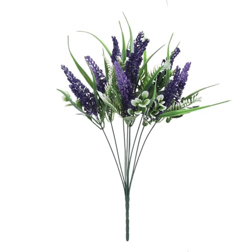 Ttiy Ramo de flores artificiales de lavanda decorativas, plantas de lavanda de plástico con hojas verdes para interiores y exteriores, decoración del hogar, jardín, 1 unidad, color morado