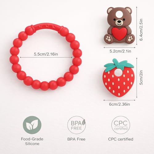 Valentine’s Baby Teething Toys, Teddy Bear & Strawberry Silicone Teether for 3–12 Months, Textured Sensory Chewing Ring for Infants & Toddlers, Baby’s First Valentine’s Day Gift for Boys and Girls - image 2