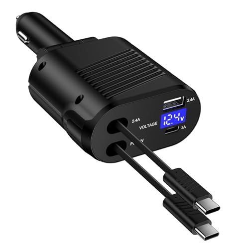 4 in 1 Zigarettenanzünder USB C Auto Zubehör, 69W Einziehbares Ladekabel Auto Handy KFZ Ladegerät 12V Adapter mit Einziehbarem Typ-C Kabel für iPhone 17 16 15, Samsung S26 S25 S24 A17 A36 A55 A56 5G