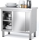 ZZV Stainless Steel Work Table Cabinet with 2 Sliding Doors, 39' x 19' Commercial Kitchen Work Table for Prep & Work, Heavy Duty Prep Table with 2-Layer Cabinet for Home, Restaurant, Garage, Warehouse