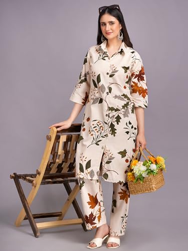Image of Women's Printed Cotton Blend Co-ord Set Top & Bottom Two-Piece Set Casual & Office Wear