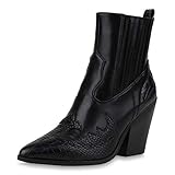  SCARPE VITA Damen Stiefeletten Cowboy Boots Chunky High Heels Western Schuhe Animal Print Cowboystiefel Holzoptikabsatz Westernstiefel 192018 Schwarz Kroko 40