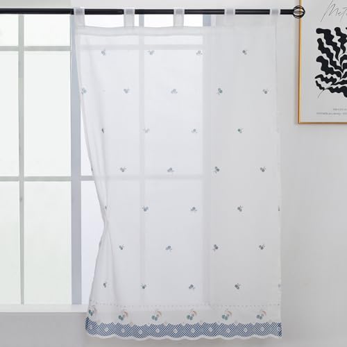 Viste tu hogar Cortina Cocina 140x145cm Blanca Traslúcida con Bordados para Ventana Corta, Visillos 100% Poliéster Cortos Translúcida para Ventanas y Marco de Puerta - Cereza Azul
