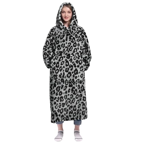 Waitu Wearable Blanket Sweatshirt Gifts for Women and Men, Warm and Cozy Blanket Hoodie, Thick Flannel Hoodie Blanket with Sleeves for Adults and Kids - Leopard Gray