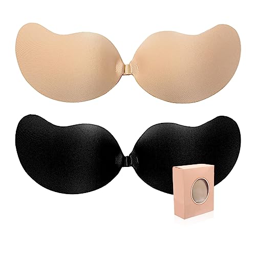 Adhesive Bra 2 Pair Sticky Bras Push Up Strapless Bras For Women, Reusable Invisible Lift Bras Pasties For Backless Dress Black-Beige #TOP6