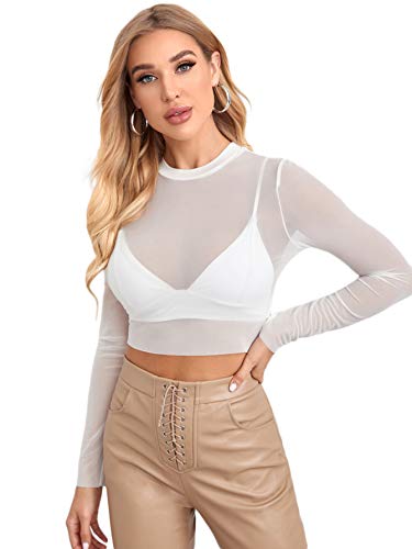 Verdusa Women's Basic Long Sleeve Crop Top See Through Sheer Mesh Tee Shirt White M #TOP14
