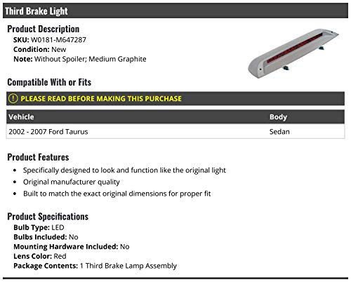Marketplace Auto Parts 3rd Third Brake Light LED Lens - Compatible with 2002-2007 Ford Taurus Sedan (without Spoiler)
