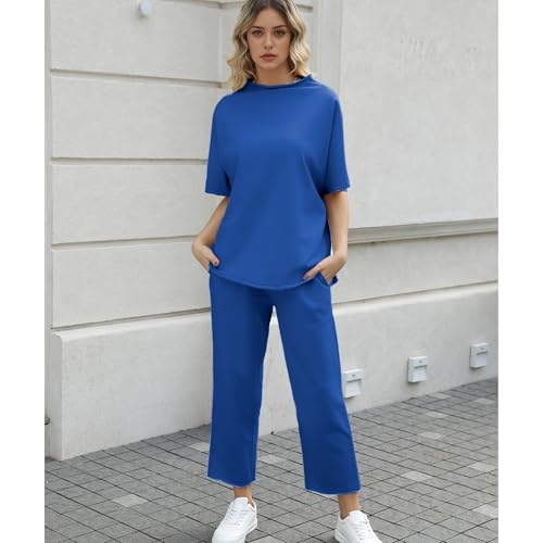 Image of SeeLuNa Women's Two Piece Outfits 3 /4 Batwing Sleeve Capelet Crew Neck Pullover Top Wide Leg Pants Lounge Set