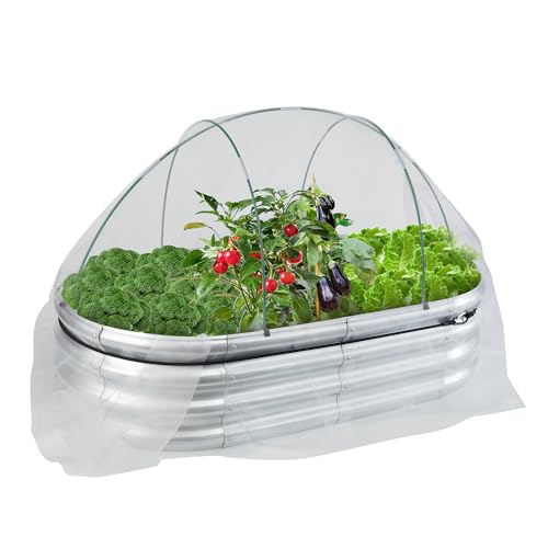 Raised Garden Bed 4×2′ with Cloche Hoop and Plant Cover Frost, Plant Netting, 8 Mil PE Sheeting Greenhouse Hoop & Cover Kits, Cloche Kit Hoops for Home Garden Mind Bed of Veggie, Flower, Herbs