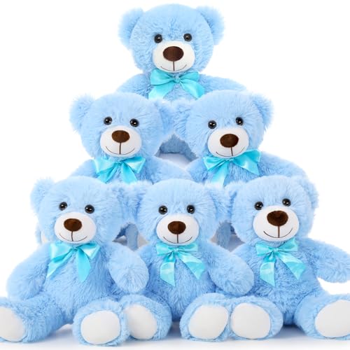 MorisMos 6 Packs Teddy Bears Bulk Stuffed Animals, 14in Small Teddy Bear Plush, Cute Stuffed Bears for Centerpiece Baby Shower Valentines Wedding Birthday, Blue