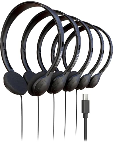 Bulktech Auriculares supraaurales con cable con conector USB tipo C, al por mayor, paquete de 5, color negro