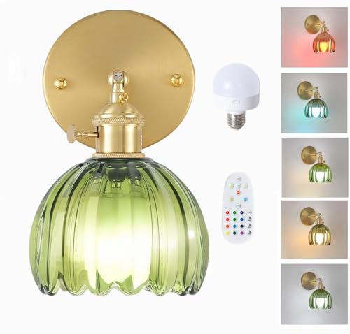 Image of Battery Operated Wall Sconce with Green Tulip Glass Shade, Rechargeable Wireless Wall Light Fixture with Remote for Bedside,Bathroom, Bedroom