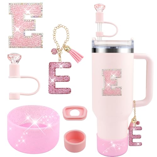 Hpebl 6PCS Light Pink for Stanley Cup Accessories Set 30/40 OZ Bling Rhinestone Initials Charms for Stanley Decorations Tumbler Accessories Including Diamond Straw Topper, Spill Stopper（Letter M）