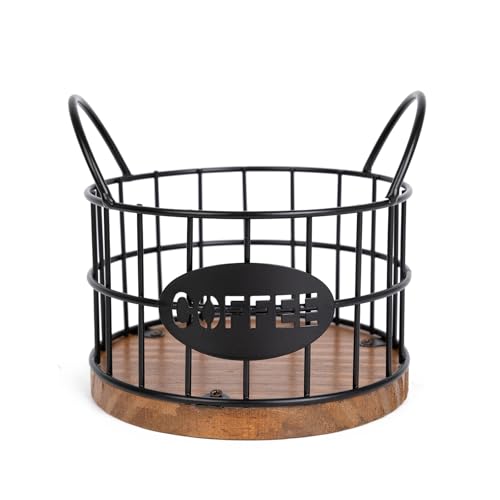 Coffee Pods Holder for Countertop, K Cup Holder Organizer, Sturdy Kcup Storage Basket with Wooden Base , Pod Container Nespresso For Kitchen Bar Counter Office Desktop (Black)