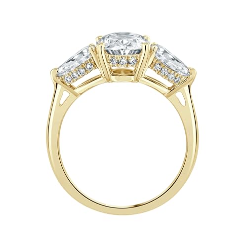 Diamond Wish 3 Carat Oval Lab Grown Diamond Three Stone Ring for Women - 14k Yellow Gold Engagement Ring for Her - Pear Side Stones (E-F, VS, 3 cttw) IGI Certified Wedding Promise Ring Size 5 to 8.53