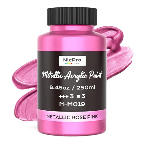 Image of Nicpro Metallic Pink Acrylic Paint, 8.45oz /250ml Pearlescent Rose Shimmer | Large, Non Toxic, Non Fading Craft Paints for Metal, Wood, Clay, Fabric, Canvas, Ceramic, Furniture, Handcrafts
