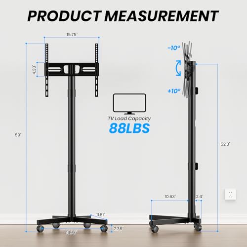 Mobile TV Cart Rolling TV Stand for 23-60 Inch LCD LED Flat Curved Screens up to 88 lbs - Height Adjustable Portable TV Stand on Wheels - Outdoor TV Stand Mount, Max VESA 400x400mm, Black - Thumbnail 2