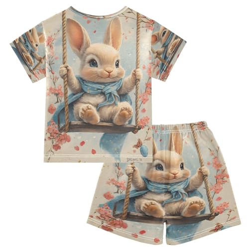 ALAZA Easter Flower Rabbit Bunny Floral Pajamas Set Short Sleeve Cotton Sleepwear Summer Pjs 2 Piece 5-14Y2
