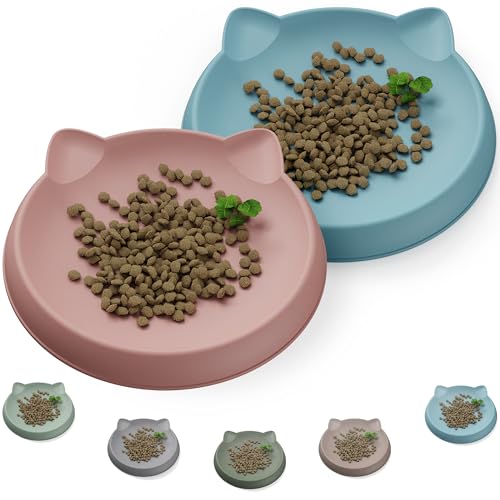 Wingcases Katzennapf für zarte kleine Innen-Kätzchen (2pcs, Koralle&Hellblau, Weiches Silikon) Fressnapf Flach Futternapf Teller Breit Schutz der Katzenbarthaare Katzen Zubehör