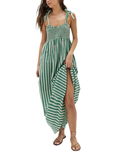 Lentta Women's Striped Smocked Maxi Dress Causal Spaghetti Strap Stretchy Flowy Swing Long Dress with Pockets