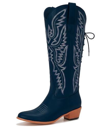 Image of Uillnoodu Wide Calf Cowboy Boots Women Adjustable Lace Up Knee High Tall Plus Size Cowgirl Boots Western Style Comfortable 2-Inch Heel