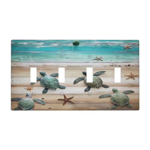 Decorative Light Switch Cover Plate Turtle Starfish Beaches Blue Wood Plank 4 Gang Wall Plate Oversized Quad Toggle Switch Cover Plate Jumbo Faceplate for Bathroom Decor