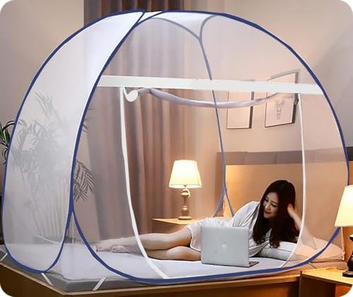 Image of Mosquito Net for Double Bed | King Size Foldable Machardani | Polyester Fabric 30GSM Strong Net | PVC Coated Corrosion Resistant Steel Wire Doubell Bed (Dark Blue) 9