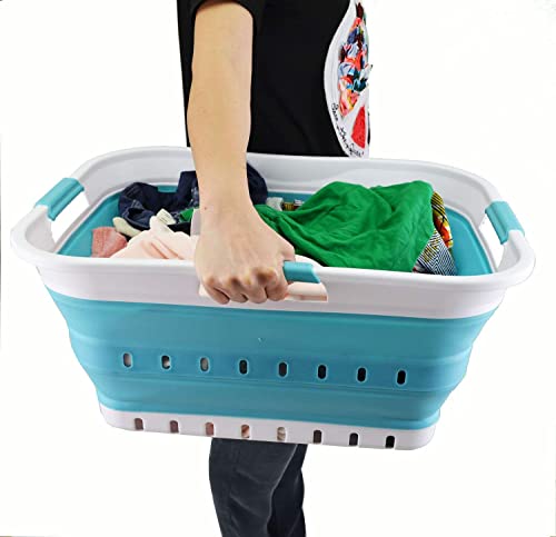 Image of SAMMART 42L (11 gallon) Collapsible Plastic Laundry Basket - Foldable Pop Up Storage Container /Organizer - Portable Basket - Space Saving Hamper /Basket (2, White /Bright Blue)