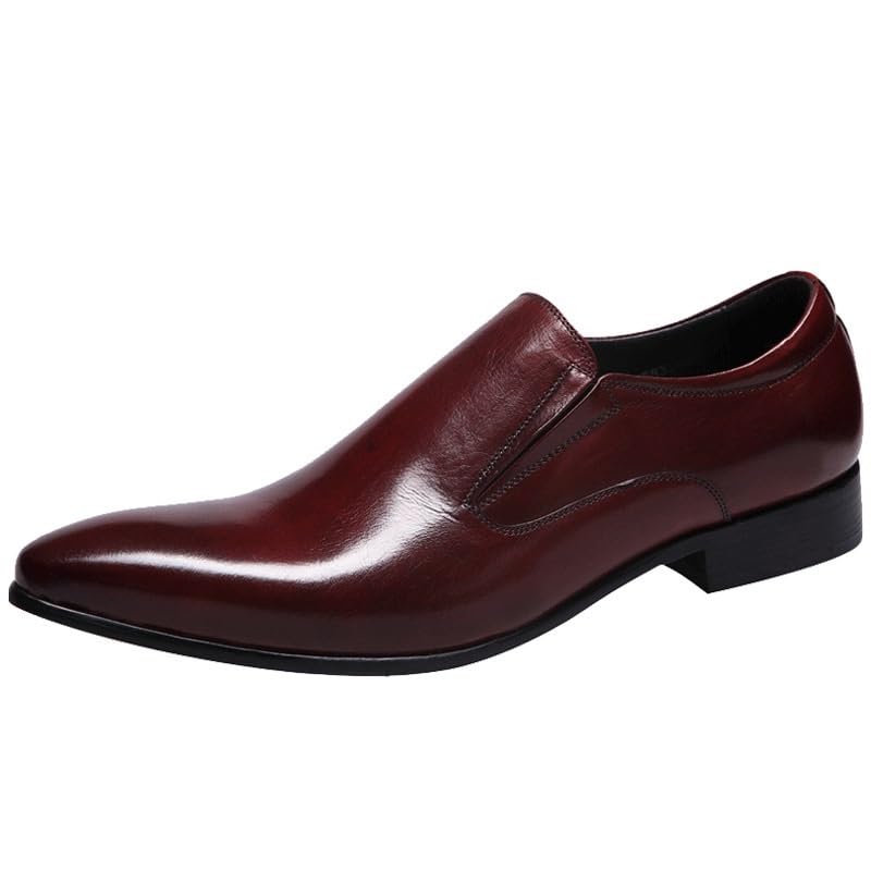 Dress Oxford Formal Shoes for Men Slip On Pointed Burnished Toe Genuine Leather Block Heel Low Top Rubber Sole Non Slip Resistant Working