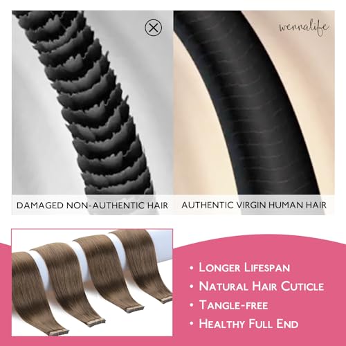 Image of WENNALIFE Tape in Hair Extensions Human Hair Muted Light Brown Brunette Tape in Extensions, 10pcs 30g 24 inch Remy Invisible Tape Ins Straight Colored Soft Real Human Hair Tape in Extensions Refill Se