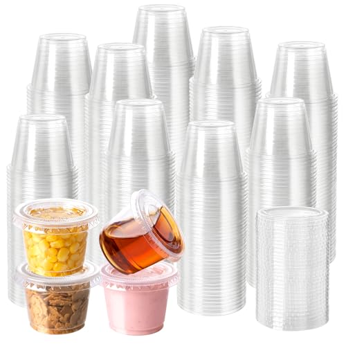 HOMIP 100Pack 1oz Disposable Plastic Portion Cups with Lids Small Mini Sauce Cups for Portion Control Salad Dressing Cups Airtight and Stackable Condiment Cups for Party Holiday and Daily Use