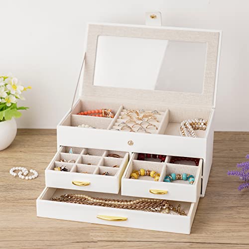 Kadolina Jewelry Box For Women Girls 3 Layers Large Jewelry Organizer With Glass Lid, 3 Drawers Jewelry Storage Case Removable Tray For Earrings Rings Necklace Bracelets Watches (White) #TOP1